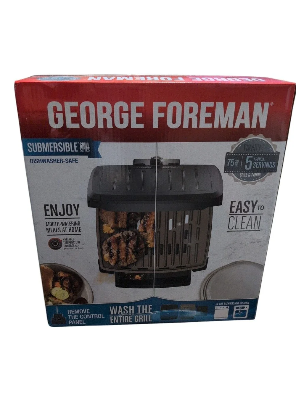 NIB George Foreman Submersible Grill Black Dishwasher Safe 5 Serving Non Stick